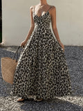 Elegant Printed Back Drawstring Suspender Dress - Deep Grey