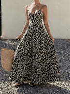 Elegant Printed Back Drawstring Suspender Dress - Deep Grey