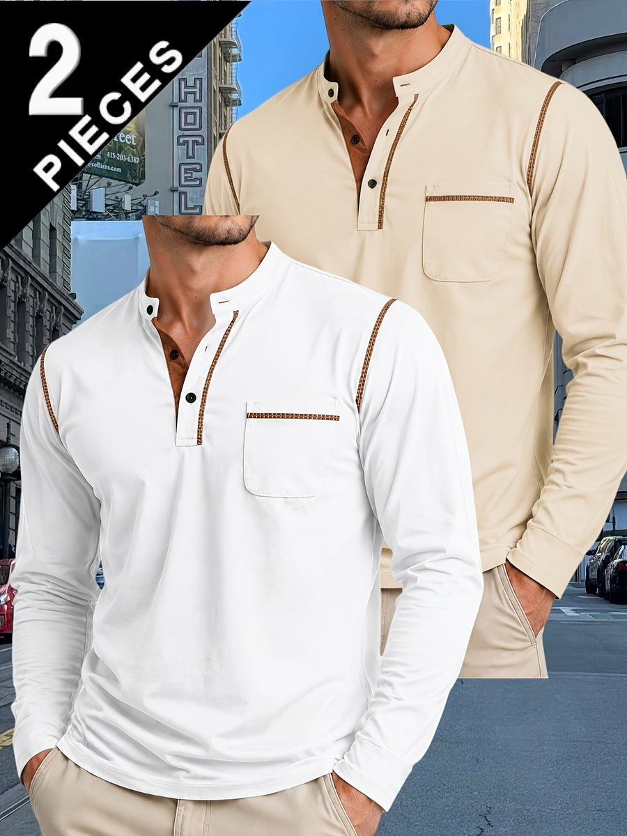 2pcs Men'S Autumn Winter Stand-Collar Long Sleeve Henley Shirts, Contrast Color Pinstripe Polo Shirts with Pockets, Soft And Breathable Sweat-Absorbing, Business Casual Basic Long Sleeve Top, Skin-Friendly Soft Fabric Comfortable, Sweat-Resistant - Light White+Khaki
