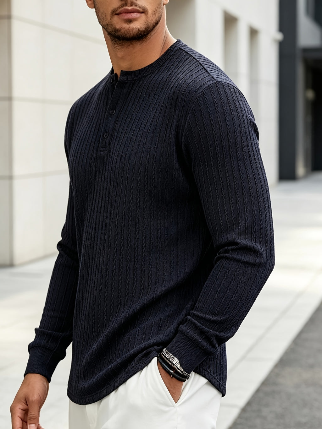 Men'S New Knit Retro Stretch Top, Textured Casual Loose Commuter All-Match Long Sleeve Henley Shirt - Navy Color
