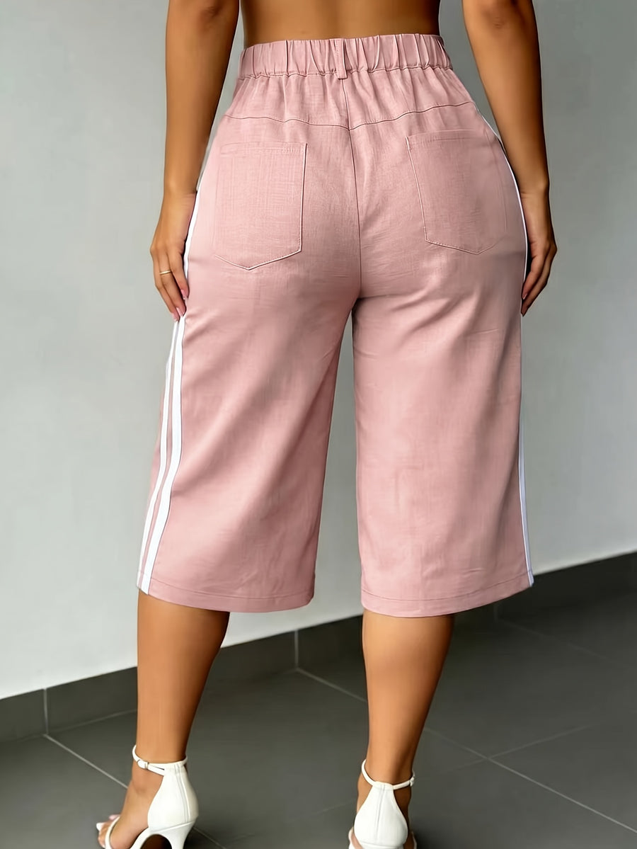 New Summer Fashion Side Contrast Color Patchwork Casual Capri Pants - Pink Color
