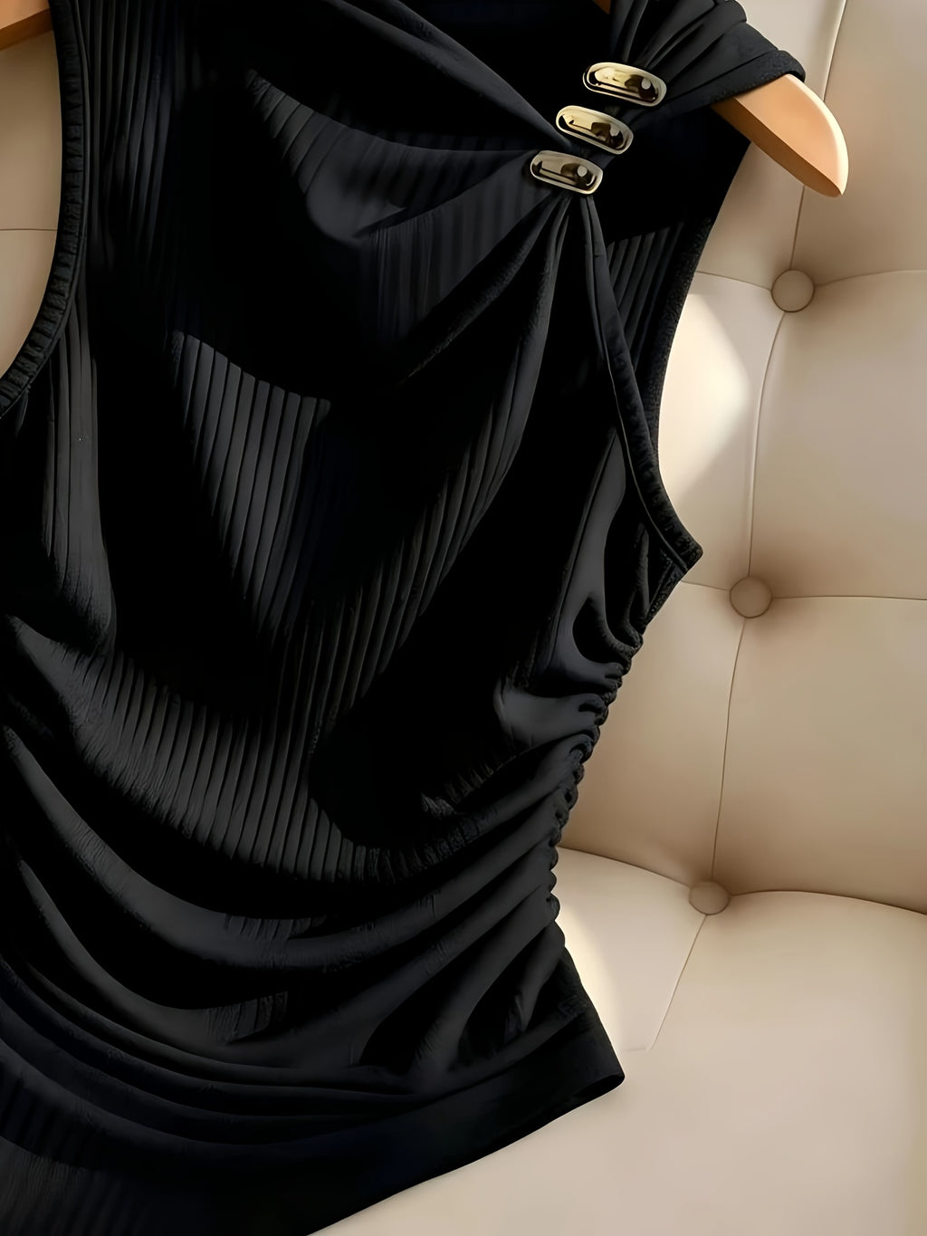 Women'S Summer Casual Top, Slant Collar Metallic Button Ribbed Versatile Temperament Women'S Top, Slant Collar Sleeveless Design with Metallic Button Embellishment And Side Ruching And Irregular Hem, Ribbed Texture, Temperament Commuter Style - Black