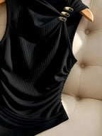Women'S Summer Casual Top, Slant Collar Metallic Button Ribbed Versatile Temperament Women'S Top, Slant Collar Sleeveless Design with Metallic Button Embellishment And Side Ruching And Irregular Hem, Ribbed Texture, Temperament Commuter Style - Black