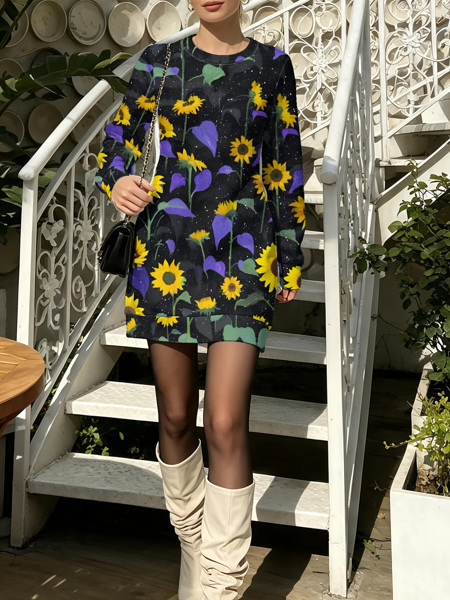 Women's Sunflower Print Maxi Dress Suitable for Commuting, Home & Dating - Full-Body Sunflower Print A-Line Dress with Crew Neck, Long Sleeve Style Dress for Fall/Winter, Casual to Semi-Formal Wear (Hand Washable) - Multicolor