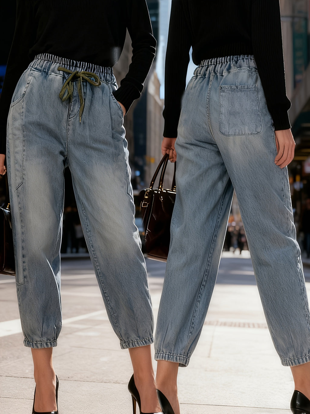 2025 Spring/Autumn Vintage Distressed Jeans, Loose-Fit Cropped Harem Pants with High Waist for a Effect, Unique Dad Jeans, Trendy Ins-Style Pants, Artistic Cuffed Ankle Pants - Light Blue