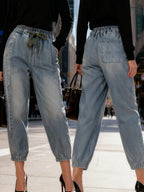2025 Spring/Autumn Vintage Distressed Jeans, Loose-Fit Cropped Harem Pants with High Waist for a Effect, Unique Dad Jeans, Trendy Ins-Style Pants, Artistic Cuffed Ankle Pants - Light Blue