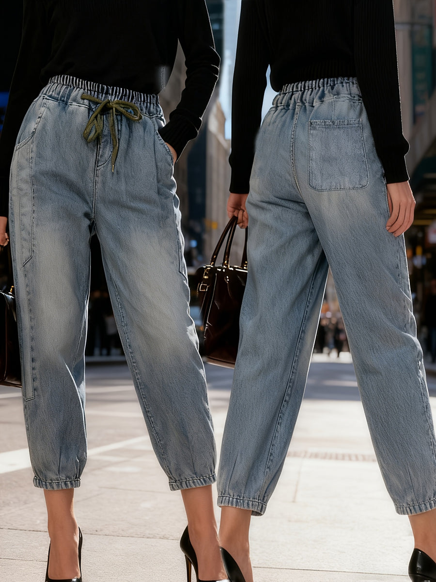2025 Spring/Autumn Vintage Distressed Jeans, Loose-Fit Cropped Harem Pants with High Waist for a Effect, Unique Dad Jeans, Trendy Ins-Style Pants, Artistic Cuffed Ankle Pants - Light Blue