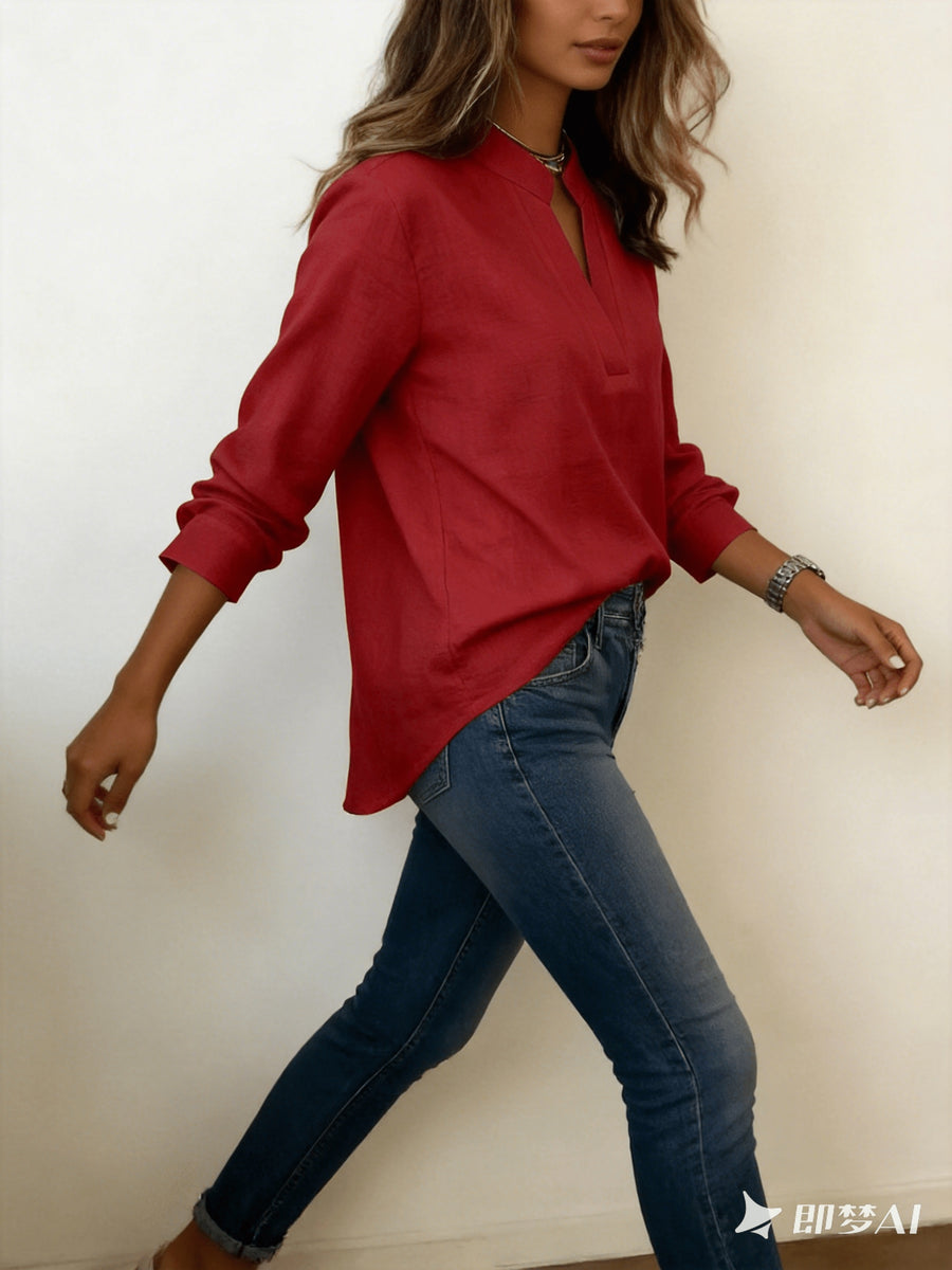 Women'S Elegant New Solid Color Minimalist Small Lapel V-Neck Long Sleeve Shirt, Women'S Top for Daily Commute, Easy And Versatile Blouse, ZLLZ - Red