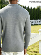 FORLENGKE Men's Button-Front Henry Collar Sweater - Stretch Knit Button Placket Pullover, Cable & Waffle Texture Long Sleeve Round Neck Sweater Suitable for Layering, Winter Warmth, Casual Outfits, Dates, Parties (Solid Color) - Grey