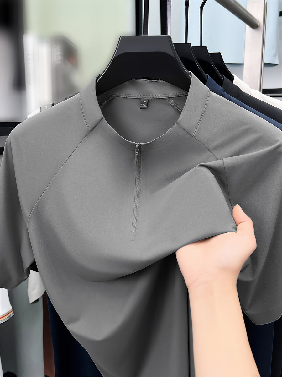 New Summer Men's Short-Sleeve Henley Shirt, Half-Zip Stand Collar Raglan Solid Color Top, Versatile Multi-Color Men's Apparel for Business Commuting, Outdoor, Fitness, Golf, Men's Gift - Light Grey