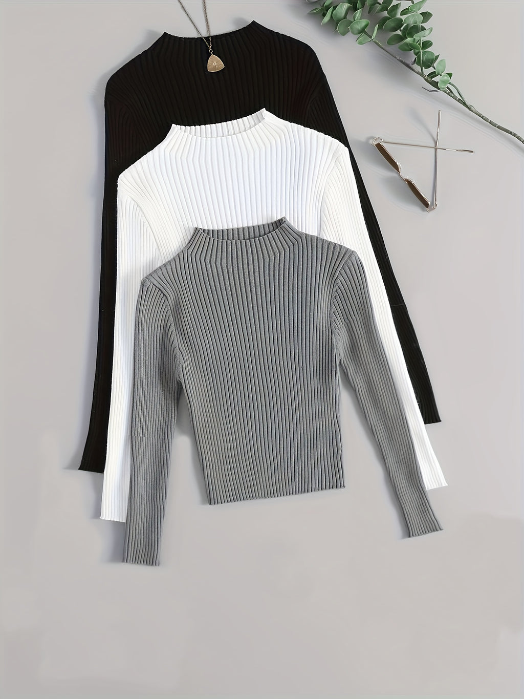 3pcs Set Stand Collar Ribbed Base Layer Stretch Plain Color Versatile Vintage - Mixed colors