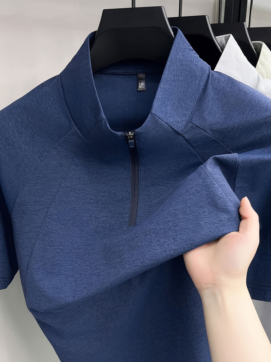 Men's Half-Zip Henley Polo Shirt Short-Sleeve T-Shirt - Summer Zip-Front Collar, Asymmetric Hem & Patchwork Suitable for Outdoor Sports, Casual Wear, Work, Machine Washable Solid Color Stand Collar Shirt - Dark Blue