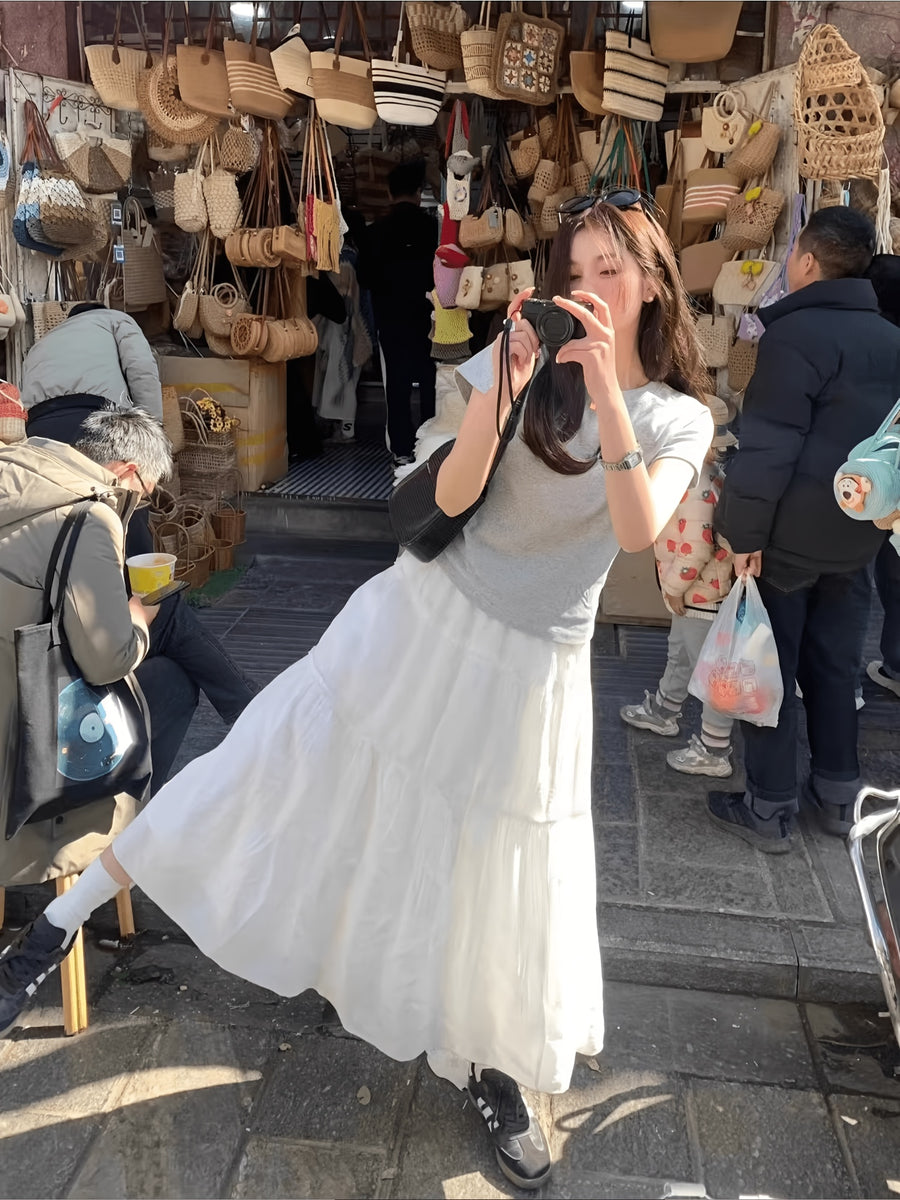 Gentle Style Half Skirt Women'S Casual Elegant Commute Drape Cake Dress Long Skirt - White