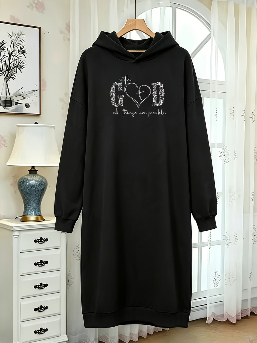Autumn and Winter Women's Fashion Casual -lined Thickened Pullover Long Sleeve European and American Hooded Sweatshirt with Print Sweatshirt Long Trendy Casual Versatile - Black