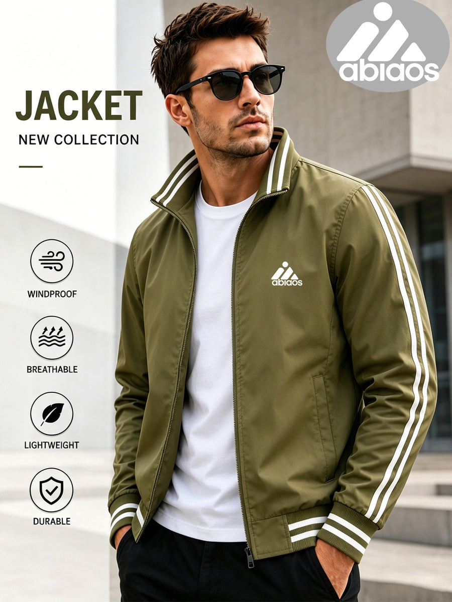 Back-to-School Couple's Trendy Pattern Letter "i" Print Stand Collar Jacket, Unisex High-Quality Ribbed and Double-Bar Design, Available in 8 Colors, Fashionable Jacket Top for Spring/Autumn Outdoor Sports, Cycling, Walking, Hiking, and Preppy Style - Military Green