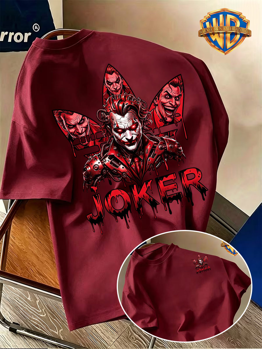 Warner Bros. Official Back-to-School Season Pure Cotton Men's Short-Sleeve T-Shirt, Mechanical Style Red Series with Joker Head Portrait and "JOKER" Enamel-Drop Lettering Creative Graphic Print, Men's Casual Trendy Summer Top, Multiple Sizes - Burgundy