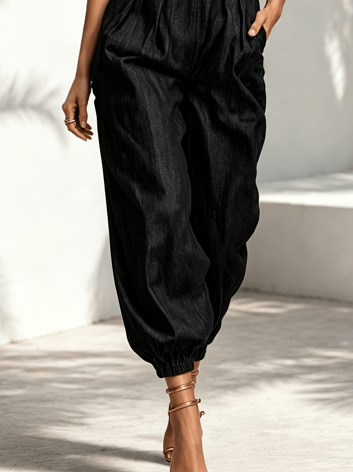 Women'S Sleeveless Stand Collar Jumpsuit, High-Waist Pleated Tapered Leg One-Piece Outfit - Black