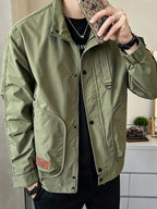Men's Preppy Style Jacket, In-Stock for Spring/Autumn, Trendy Brand Casual Stand Collar Zipper Snap Button Design Workwear Jacket Outerwear - Green