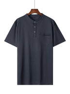2025 Summer New Arrival Men's Color-Block Striped Short-Sleeve Henley Shirt, Cool and Breathable - Dark Gray