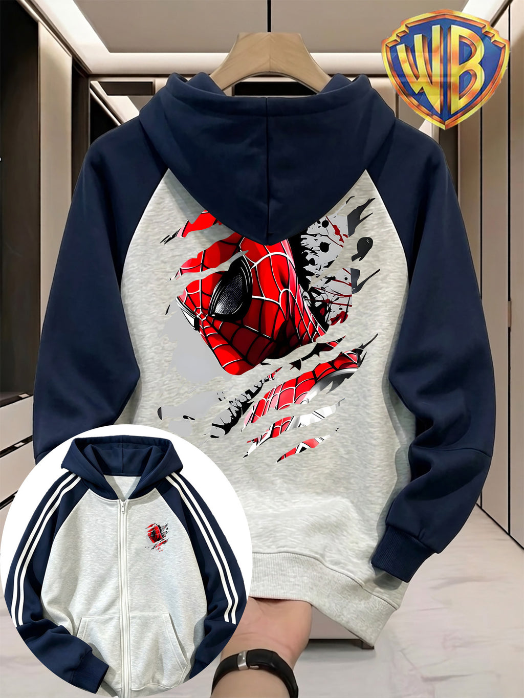Men's Color-Block Raglan Zip-Up Hooded Sweatshirt, Front and Back Print with Ripped Ink Splatter Style Half-Face Mask Pattern, Men's Trendy Cardigan Hoodie, Loose Outerwear, Pocket Design, Comfortable, for Daily Wear, Commuting, Vacation - Navy Color