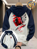 Men's Color-Block Raglan Zip-Up Hooded Sweatshirt, Front and Back Print with Ripped Ink Splatter Style Half-Face Mask Pattern, Men's Trendy Cardigan Hoodie, Loose Outerwear, Pocket Design, Comfortable, for Daily Wear, Commuting, Vacation - Navy Color