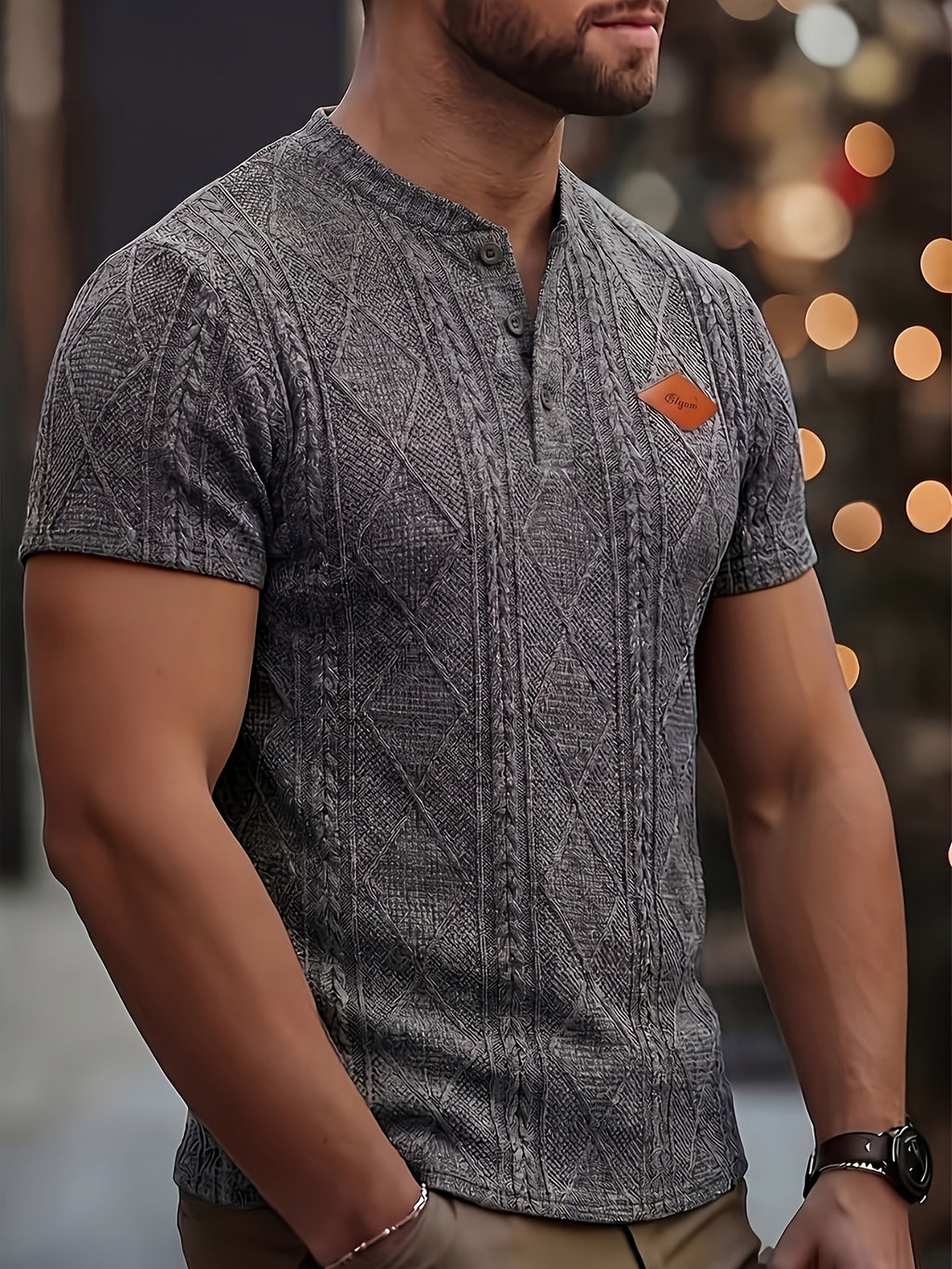 Men's Fashion Top, Spring/Summer Outdoor Casual Textured Jacquard Fabric, Round Neck Single-Breasted Button Henley Shirt with Patch Pocket and Short Sleeves - Dark Gray
