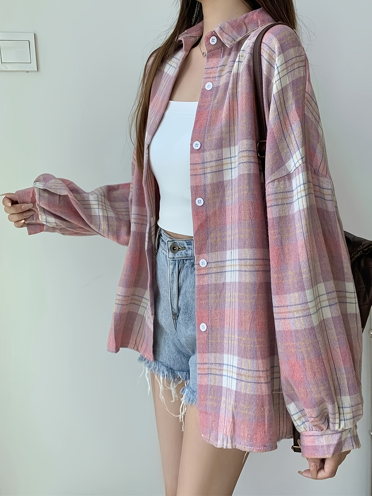 Women's Korean-style Layered Plaid Shirt, Loose and Lazy Design, Trendy Long-sleeve Thin Cardigan - pink color
