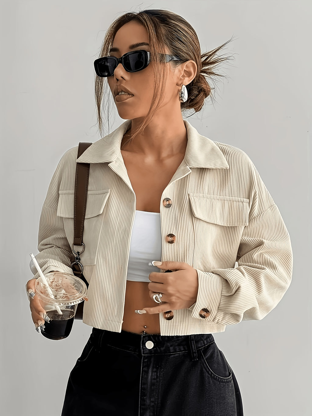 Women'S Casual Solid Color Short Jacket - Apricot