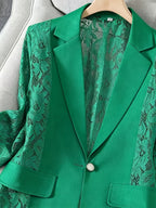 Women'S Thin Patchwork Lace Lightweight Suit Design Casual Temperament Three-Quarter Sleeve Casual Lapel Suit Top - Green