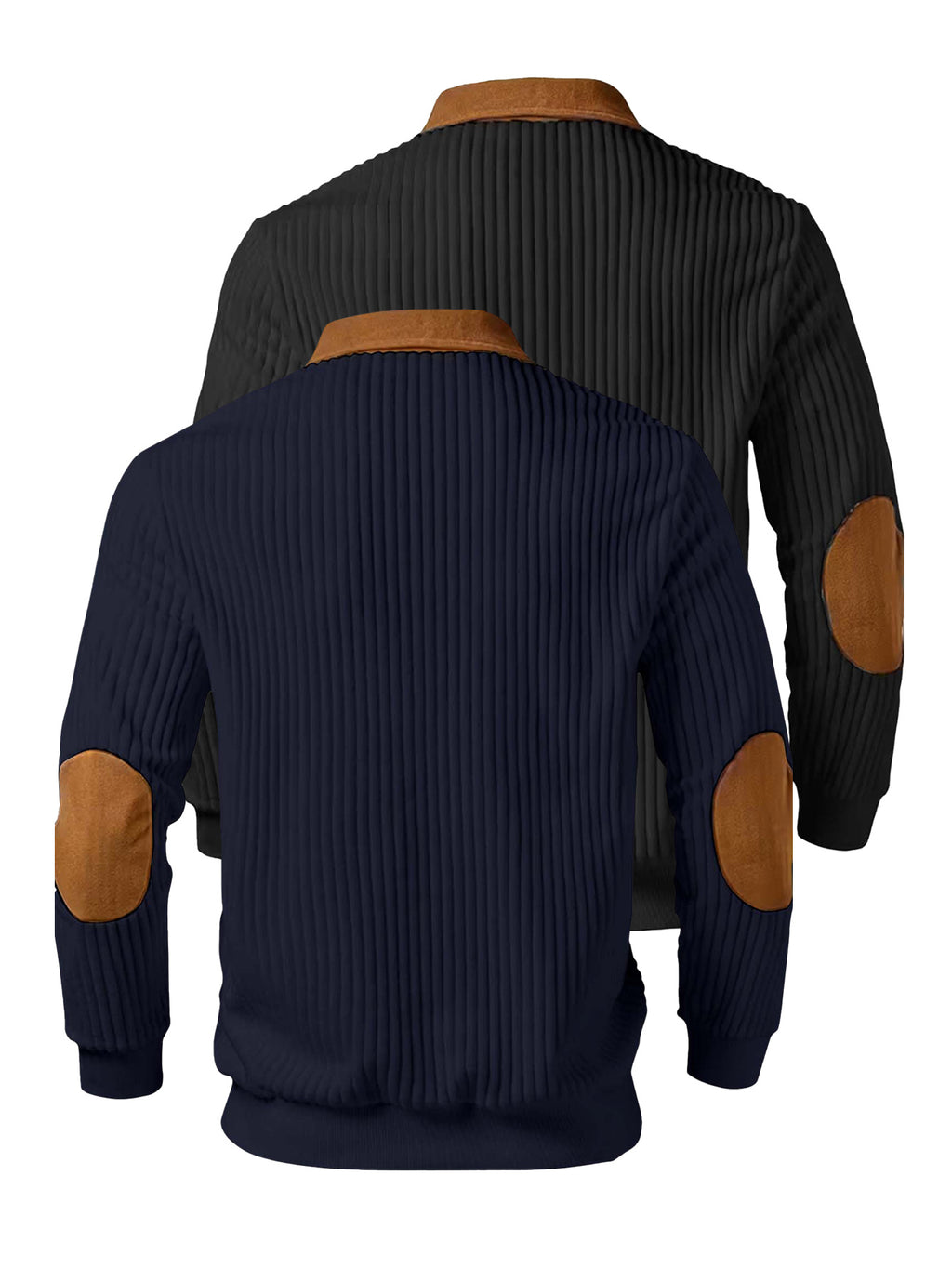 Christmas Men's Gift 2pcs Set: Men's Casual High-Turning-Head Ribbed Half-Zip Stand Collar Pullover - Color-Block Long Sleeve Pullover with Contrasting Color Design, Versatile for Daily Wear, Casual and Sporty Layering Style, Multiple Pieces - Black+Navy Blue