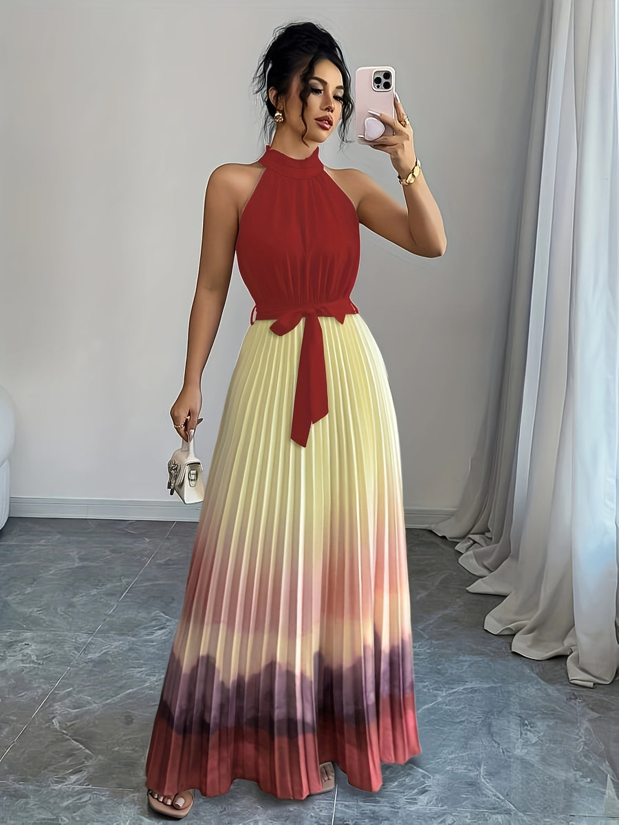 Elegant Romantic Ruffled Neckline And Waist Tie A-Line Pleated Gradient Maxi Dress - Mixed colors