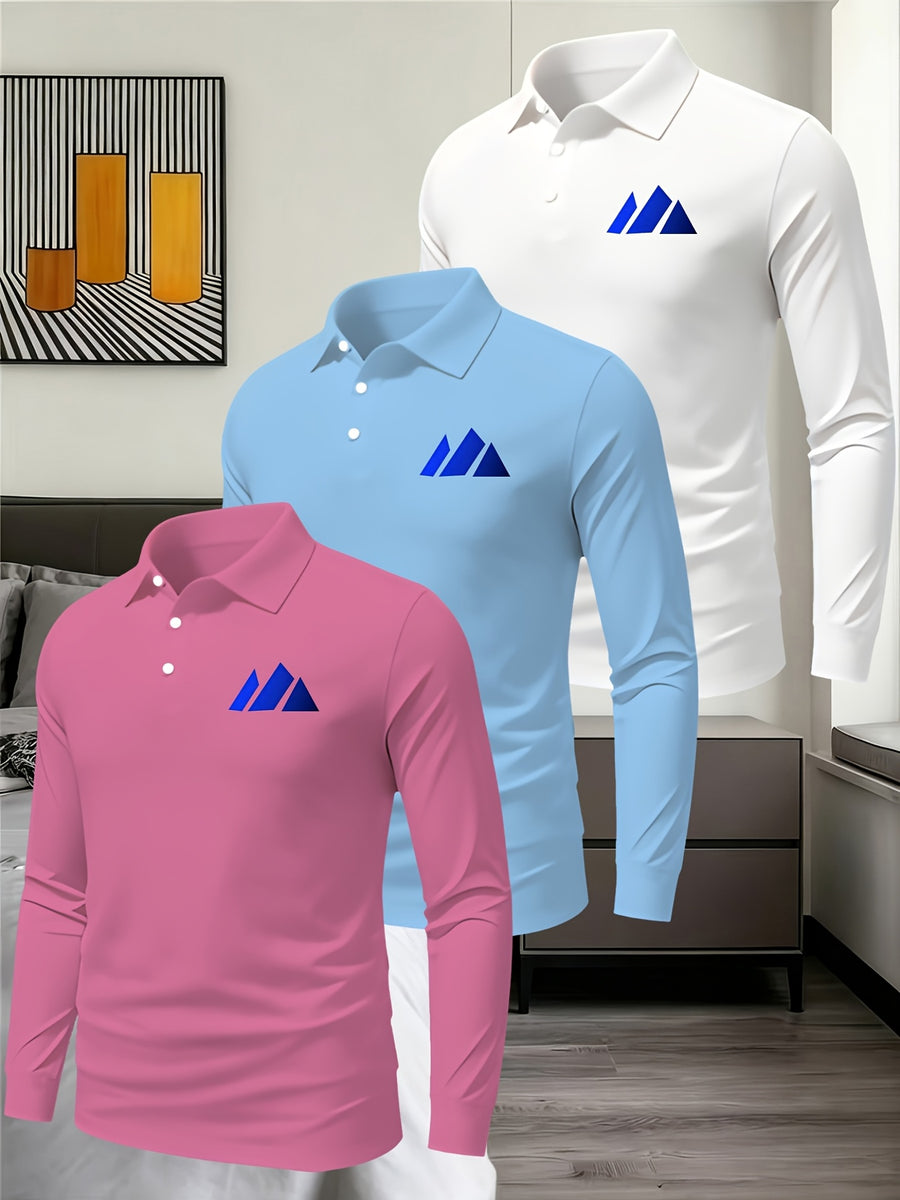 3pcs Solid Color Long Sleeve Lapel Polo Shirts for Young and Middle-Aged Men, Eyelet Lightweight Breathable Commuting Workwear Loose Fit Long Sleeve Base Layers - Pink Sky Blue White