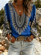 Ladies V-Neck Lantern Sleeve Top - Blue