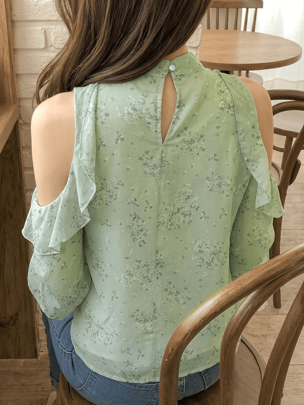 Spring Summer New Women'S Fashion Floral Fresh Style Off-Shoulder Long Sleeve Top - Light Green