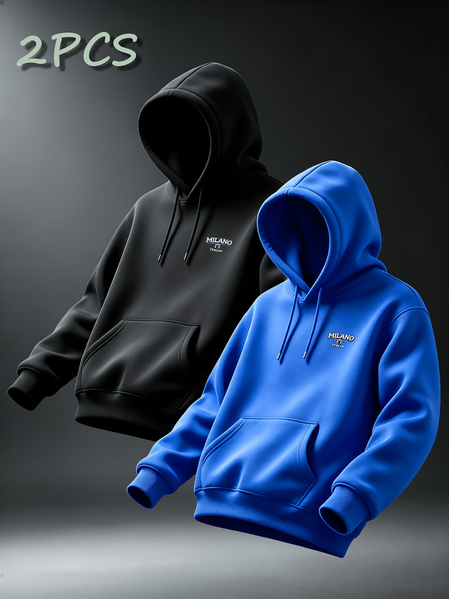 [Villa Le Water OBM] 2pcs Set MILANO Print Hooded Sweatshirt Men'S Loose Casual All-Match Pullover Long-Sleeve Hoodie - Black+Royal Blue