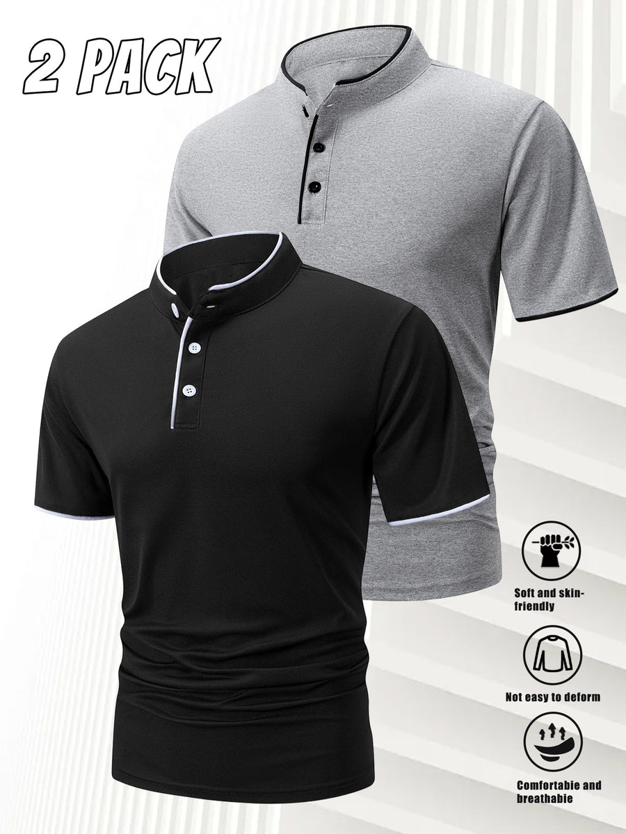 2-Pc Men'S Summer Short-Sleeve Polo Shirts, Multi-Pc T-Shirts Knit Breathable Quick-Dry, Solid Color Regular Fit Anti-Pilling, Polo Collar with Buttons, Outdoor Sports Golf - Black+Light Grey