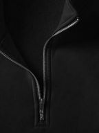 Heavyweight -Lined Stand Collar Half-Zip Cardigan with Skin-Friendly Polar Lining, Simple and Versatile Men's Long-Sleeve Top - Black
