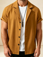 Men's Casual Short-Sleeve Solid Color Shirt - Khaki