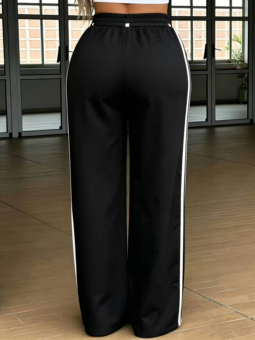 Women's Elastic High-Waist Drawstring Side Seam Drawstring Accent Casual Pants - Black
