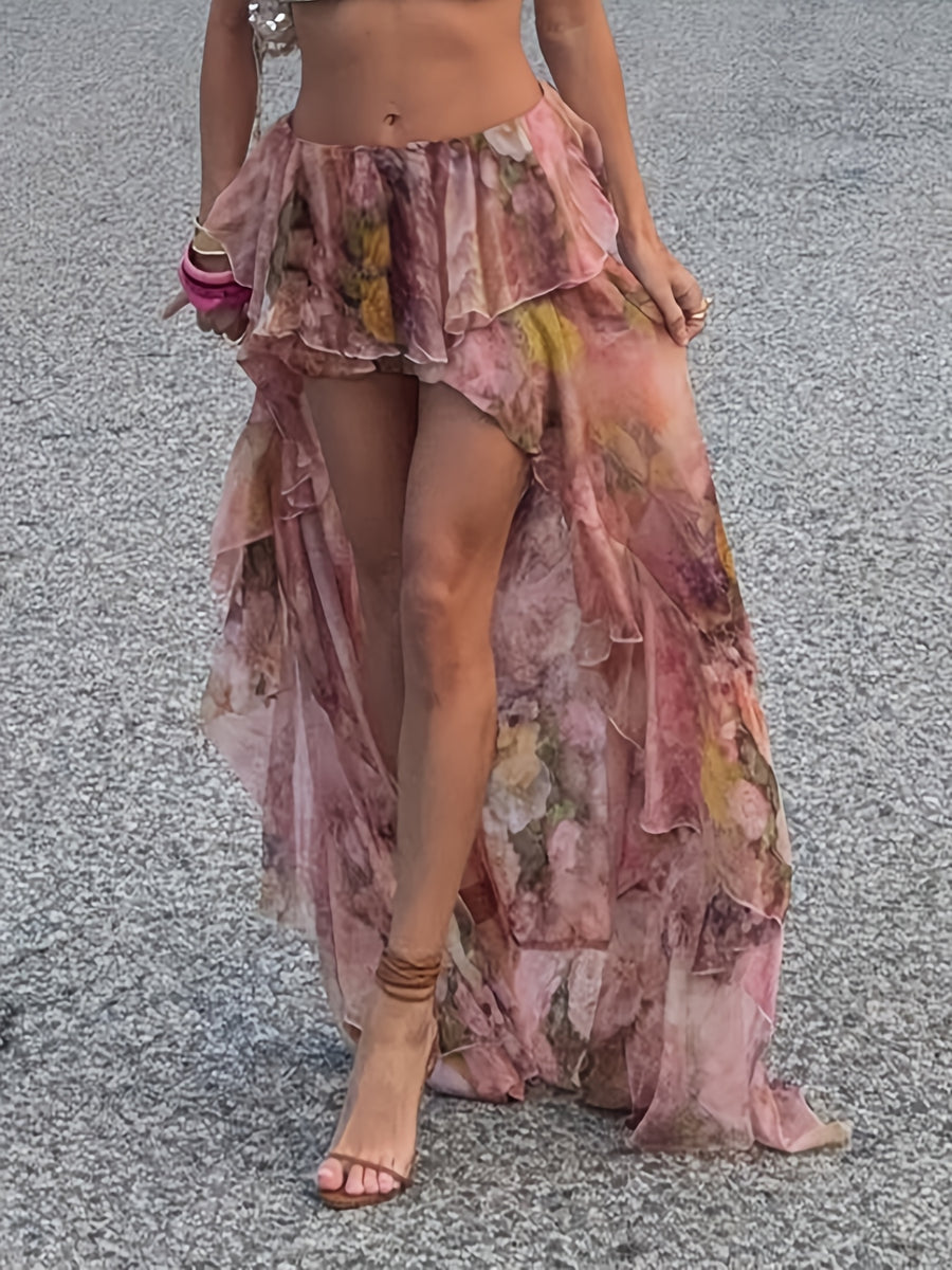 Spring And Summer Vacation Floral Print Ruffled Hem Skirt for Women, Elegant And Sexy Beach Party Dress - Pink
