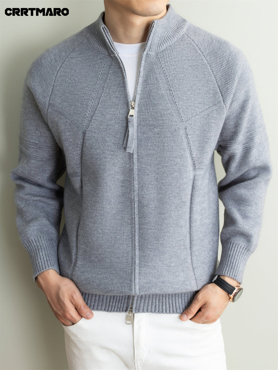 Men's Heavyweight Thick Zip Neck Stand Collar Knit Cardigan, Warm Casual Layering Top for Fall and Winter - Medium Gray