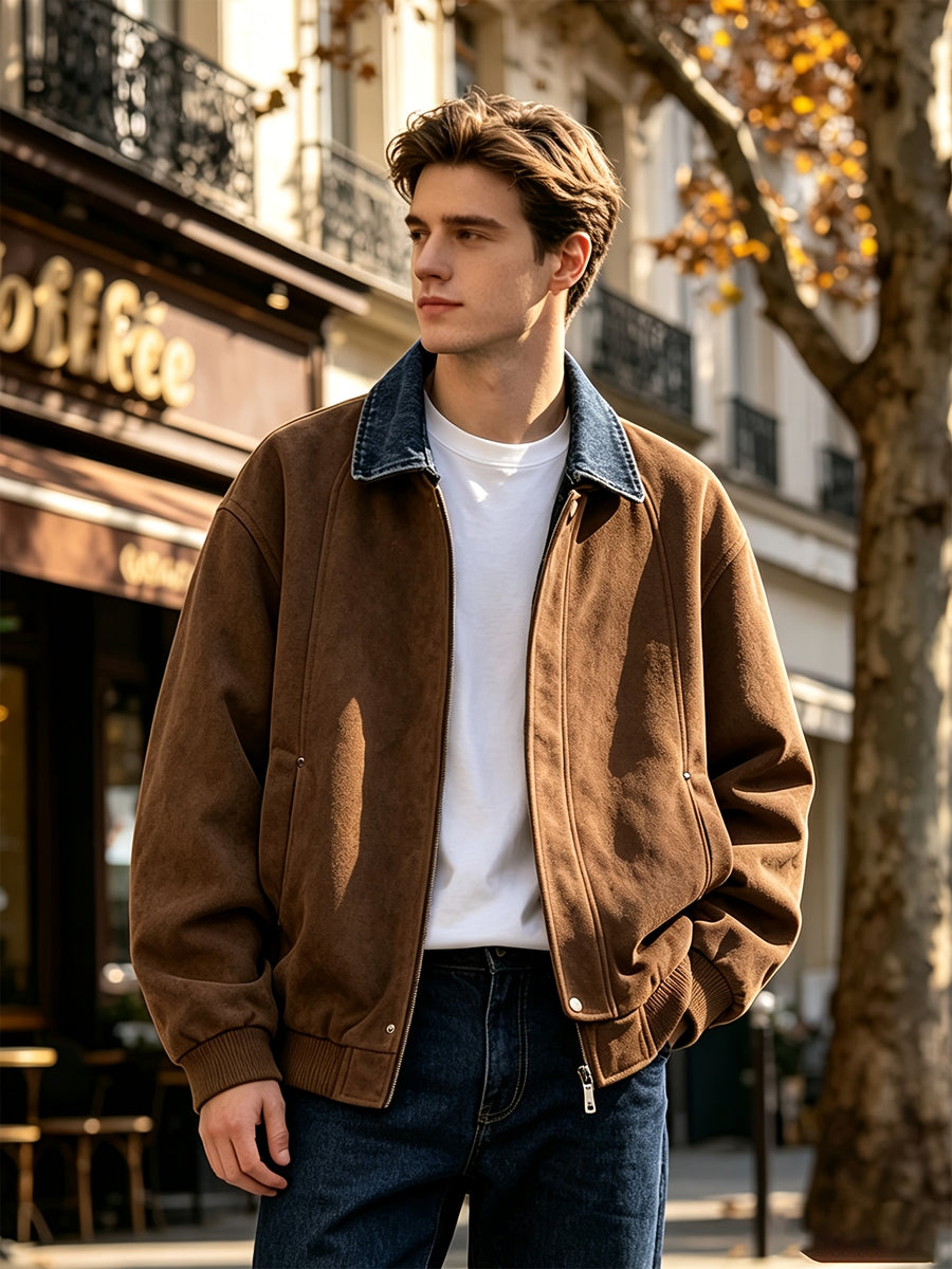 Men's American Vintage Style with Full Atmospheric Vibe! Denim Collar with Color-block Patchwork, Loose Drop-shoulder Fit for a Slimming and Versatile Look, the Perfect Streetwear Top Coat for Autumn and Winter. Trachten Jacket - Coffee Color