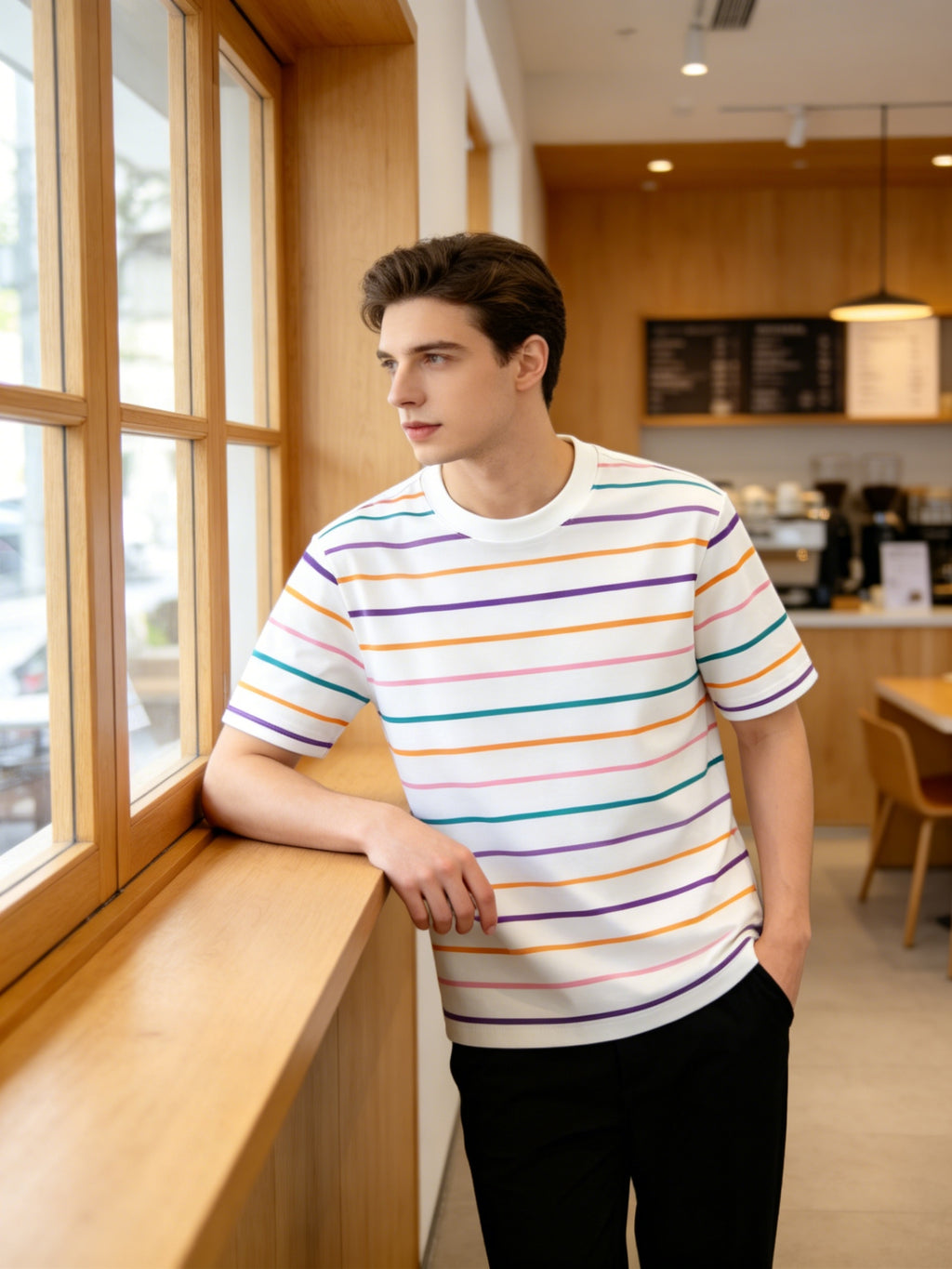 Summer Men'S White Base Colorful Striped Short Sleeve T-Shirt Breathable Comfortable Slightly Elastic Crew Neck Regular Fit Daily Casual Wear - Mixed colors