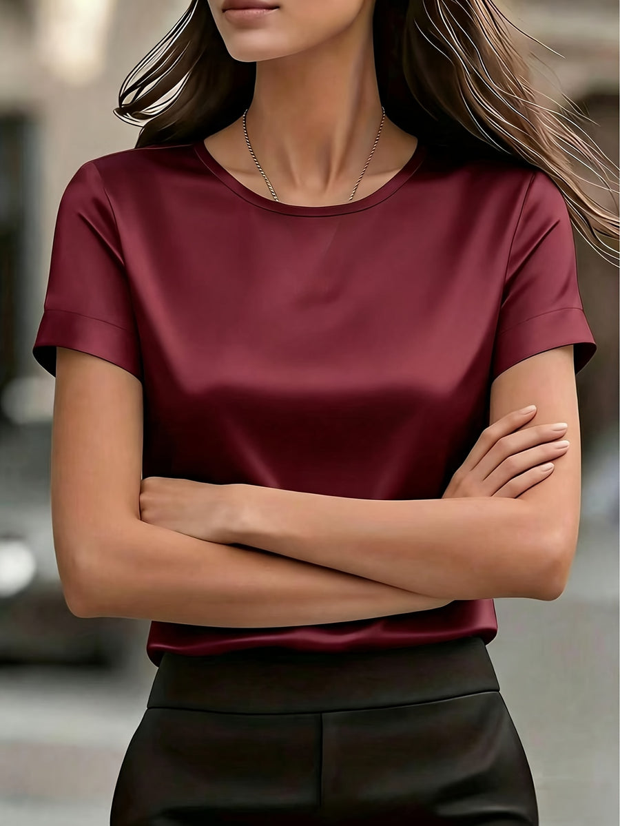 Women's Simple Round Neck Short Sleeve T-Shirt - Satin Texture, Ideal for Mother's Day & Independence Day Commute, Suitable for Spring & Summer Office & Casual Looks, Luxury Style Outfit - Red