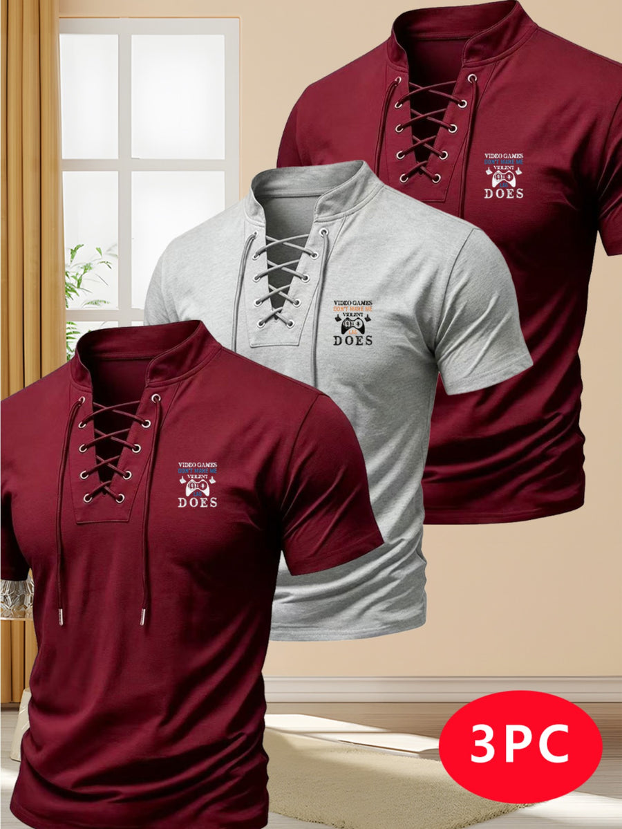 Men's Three-pc Summer New Arrival Solid Color Stand Collar Short Sleeve T-Shirt, American Vintage Style with Unique Drawstring Cross-Over Shoulder Straps, Slim Fit Fashionable Casual Streetwear Sporty Short Sleeve Top - Red + Gray + Red
