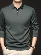 Men's Autumn/Winter 2-in-1 Look Polo Sweatshirt, Pullover Top, Business Casual, Daily Outings, Versatile and Durable, Warm and Comfortable, Ideal Gift Choice - Gray Green