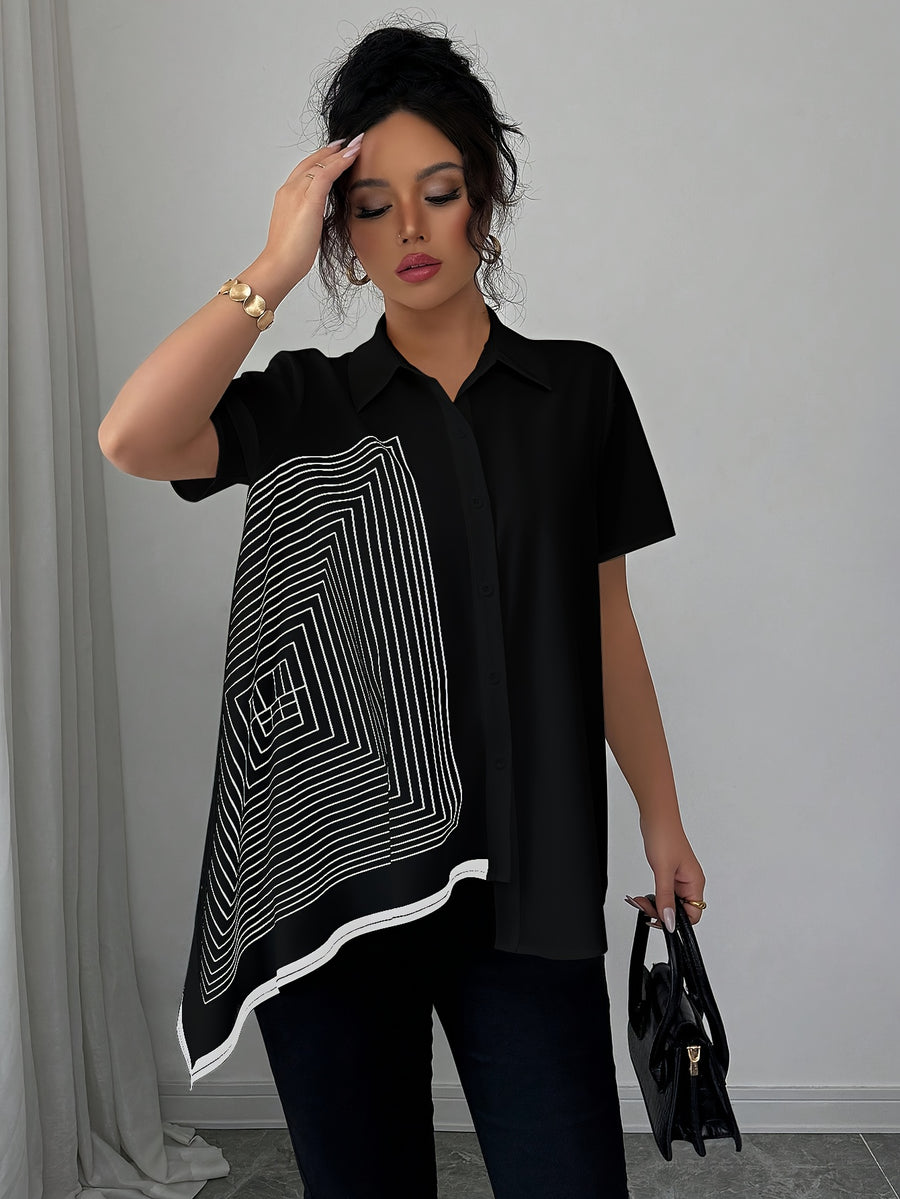 Elegant Collar Geometric Black and White Line Print Asymmetrical Hem Open Front Versatile Commuter Short Sleeve Shirt for Spring, Summer, and Fall, Suitable for Outings and Dates - Black