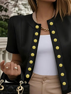 YY260508079 Elegant Style Premium Short-Sleeve Button-Up Solid Color Crew Neck Jacket - Black