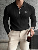 Autumn Men'S Ribbed Long Sleeve Polo Shirt Print Half-Zip Stand Collar Slim Fit Breathable T-Shirt - Black