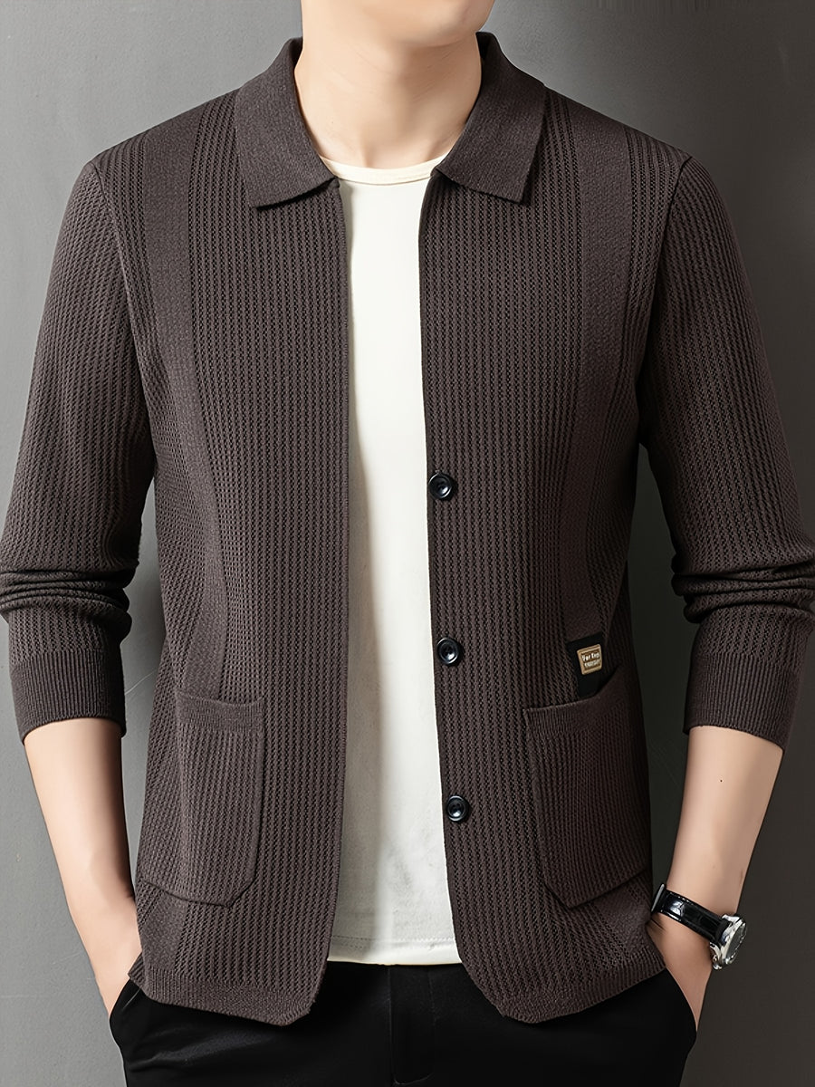 Men'S Spring Autumn Lapel Knit Jacket Cardigan - Coffee Color